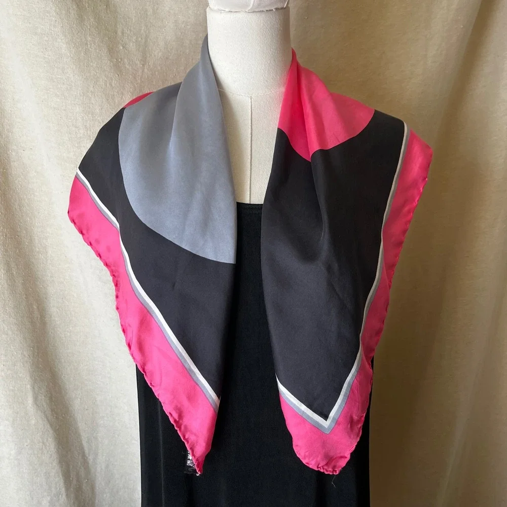 Vintage Symphony 100% Silk Scarf 30x30 Pink Black Gray Geometric Made in Italy